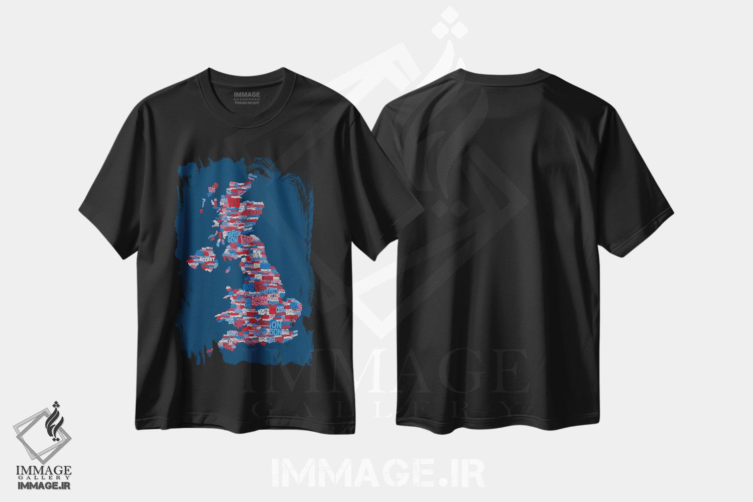تیشرت طرح دار نقشهٔ متنی آبی شهرهای بریتانیا، آبستره اثر مایکل تامپست | immage.ir