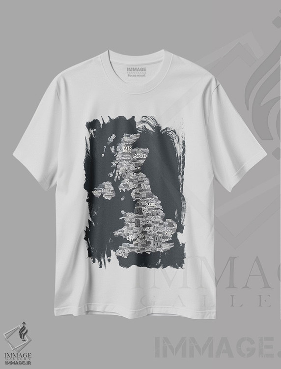 تیشرت طرح دار نقشهٔ متنی شهرهای بریتانیا، آبستره اثر مایکل تامپست | immage.ir