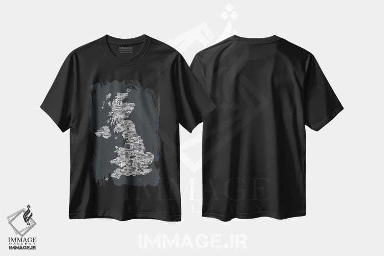 تیشرت طرح دار نقشهٔ متنی شهرهای بریتانیا، آبستره اثر مایکل تامپست | فروشگاه ایماژ