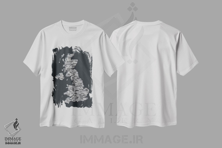 تیشرت طرح دار نقشهٔ متنی شهرهای بریتانیا، آبستره اثر مایکل تامپست | immage.ir