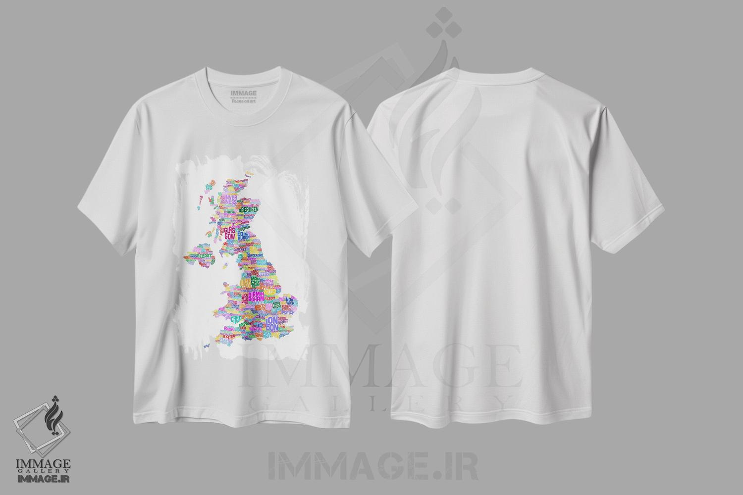 تیشرت طرح دار نقشهٔ متنی شهرهای بریتانیا، آبستره اثر مایکل تامپست | فروشگاه ایماژ