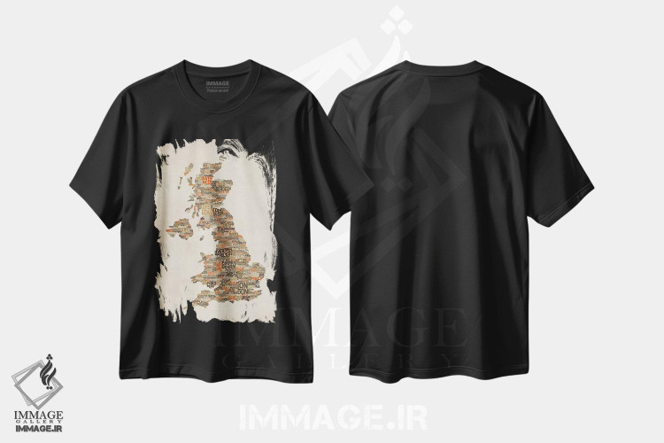 تیشرت طرح دار نقشهٔ متنی شهرهای بریتانیا و بریتانیای کبیر II، آبستره اثر مایکل تامپست | فروشگاه ایماژ