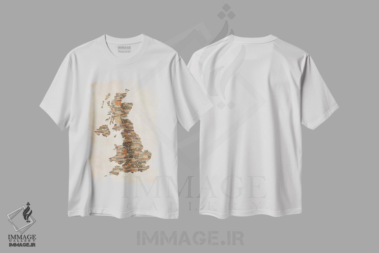 تیشرت طرح دار نقشهٔ متنی شهرهای بریتانیا و بریتانیای کبیر II، آبستره اثر مایکل تامپست | immage.ir
