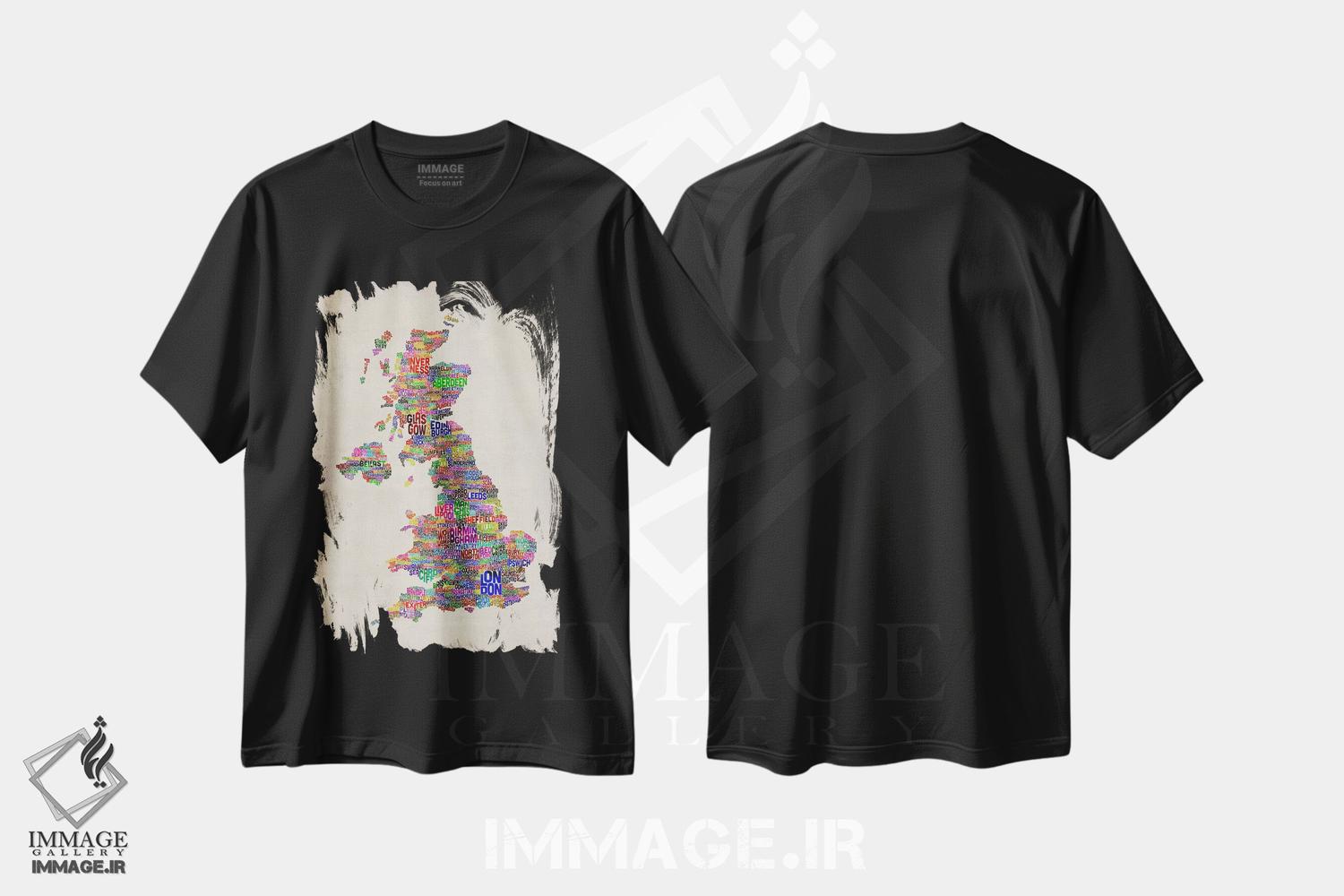 تیشرت طرح دار نقشهٔ متنی شهرهای بریتانیا و بریتانیای کبیر IV، آبستره اثر مایکل تامپست | فروشگاه ایماژ