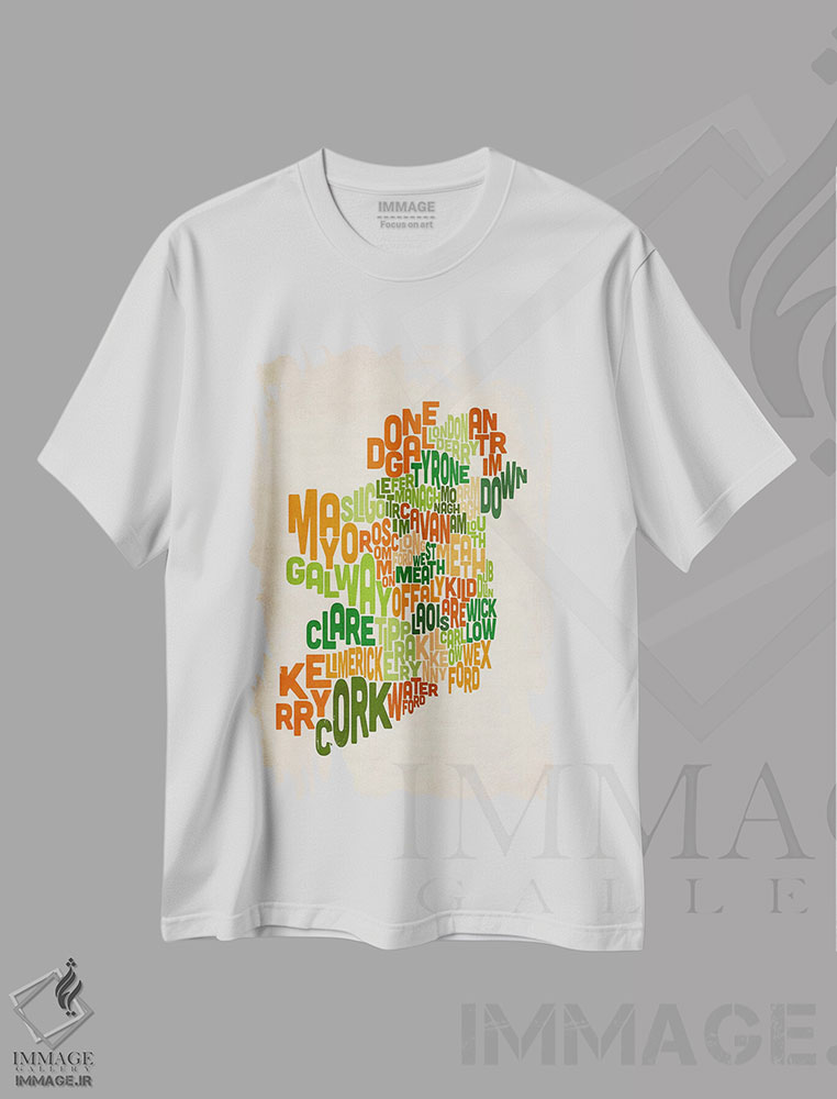 تیشرت طرح دار نقشهٔ متنی ایرلند VI، آبستره اثر مایکل تامپست | فروشگاه ایماژ