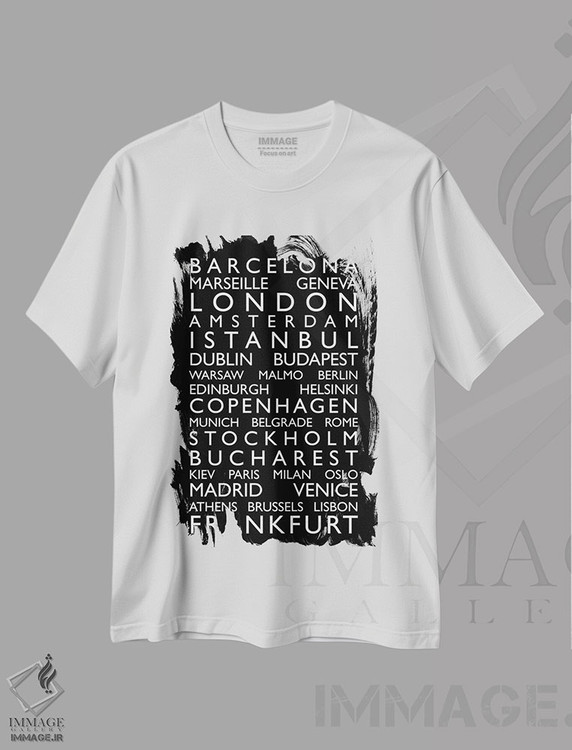 تیشرت طرح دار فهرست شهرهای جهان روی رول اتوبوسII، هنر تزئینی سیاه و سفید اثر مایکل تامپست | فروشگاه ایماژ