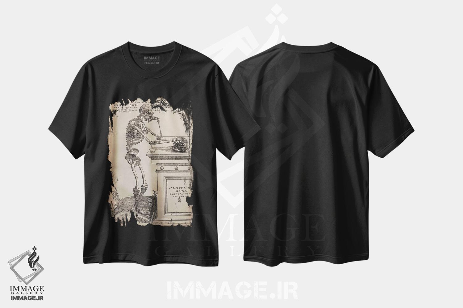 تیشرت طرح دار اسکلت ایستاده از اثر "ساختار بدن انسان"، وینتیج و رترو اثر وسالیوس | فروشگاه ایماژ