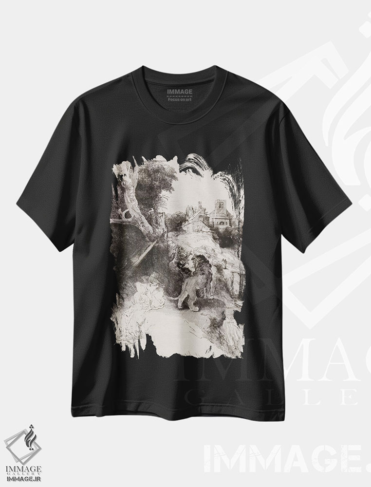 تیشرت طرح دار سن ژروم در حال مطالعه در مناظر ایتالیا، باروک اثر رمبرانت فان رَین | فروشگاه ایماژ