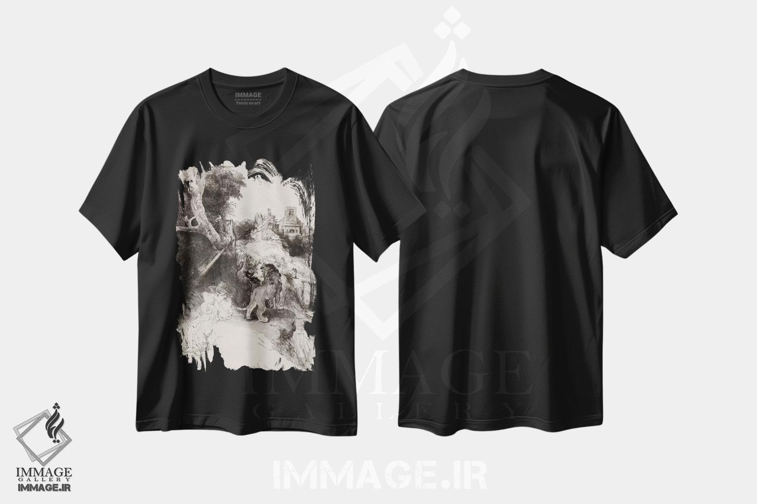 تیشرت طرح دار سن ژروم در حال مطالعه در مناظر ایتالیا، باروک اثر رمبرانت فان رَین | فروشگاه ایماژ