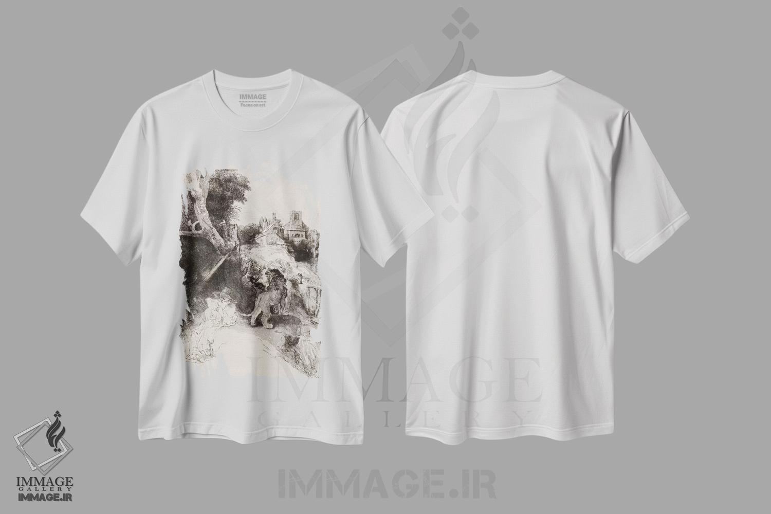 تیشرت طرح دار سن ژروم در حال مطالعه در مناظر ایتالیا، باروک اثر رمبرانت فان رَین | immage.ir