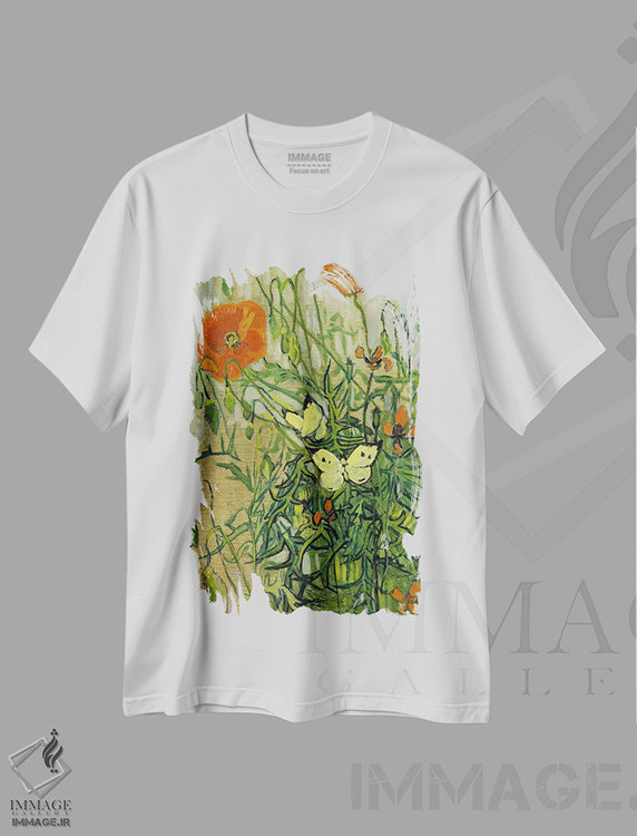 تیشرت طرح دار پروانه ها و شقایق ها، هنر فاخر کلاسیک اثر ونسان ون گوگ | فروشگاه ایماژ