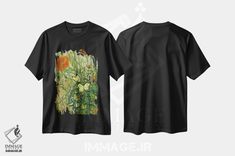 تیشرت طرح دار پروانه ها و شقایق ها، هنر فاخر کلاسیک اثر ونسان ون گوگ | immage.ir