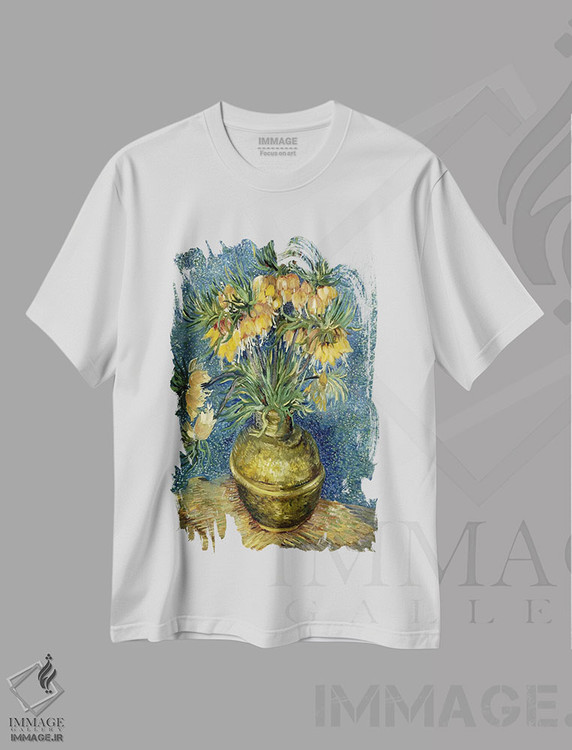 تیشرت طرح دار اشک مریم در گلدان مسی، هنر فاخر کلاسیک اثر ونسان ون گوگ | فروشگاه ایماژ