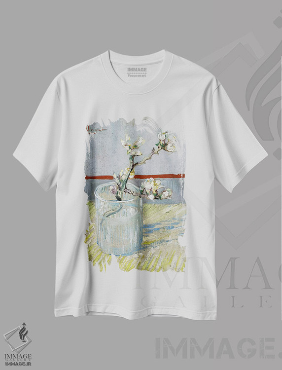 تیشرت طرح دار شاخه شکوفه بادام در لیوان، هنر فاخر کلاسیک اثر ونسان ون گوگ | immage.ir