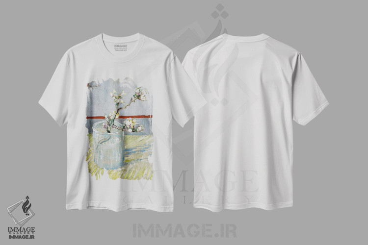 تیشرت طرح دار شاخه شکوفه بادام در لیوان، هنر فاخر کلاسیک اثر ونسان ون گوگ | immage.ir