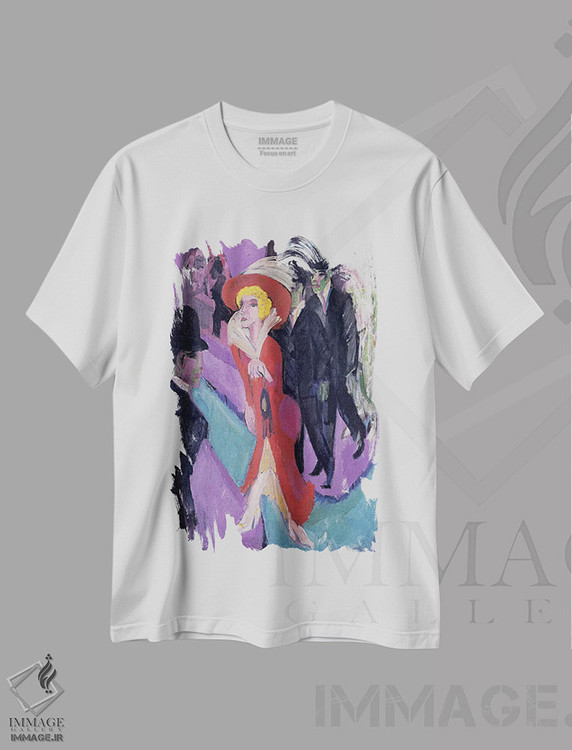 تیشرت طرح دار زن خیابانی با لباس قرمز، هنر فاخر کلاسیک اثر ارنست لودویگ کیرشنر | immage.ir