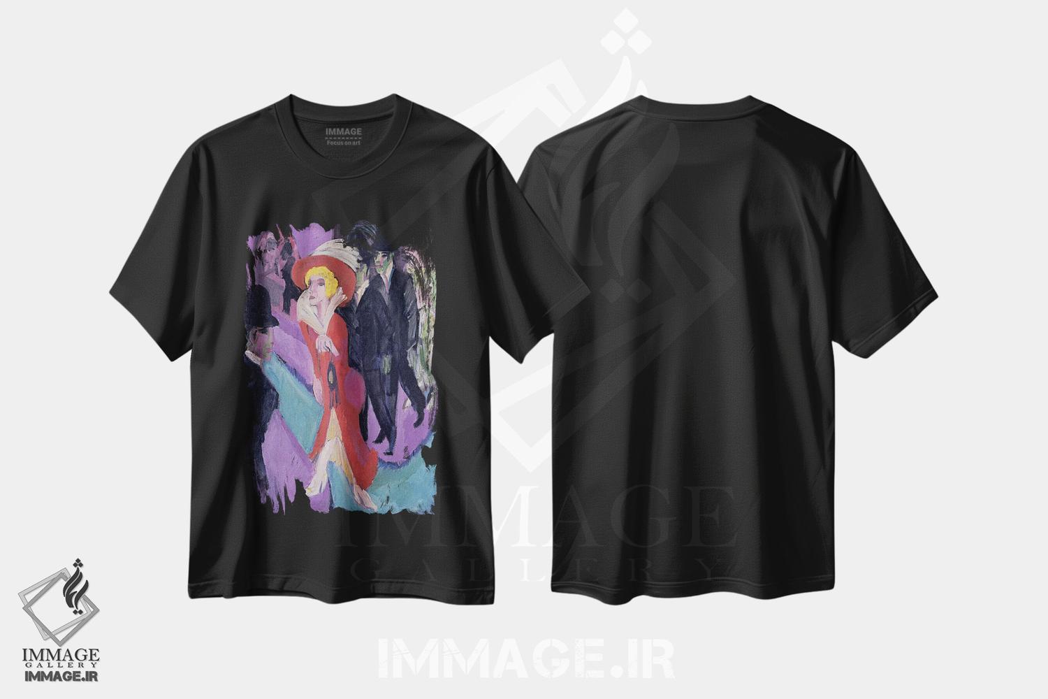 تیشرت طرح دار زن خیابانی با لباس قرمز، هنر فاخر کلاسیک اثر ارنست لودویگ کیرشنر | فروشگاه ایماژ