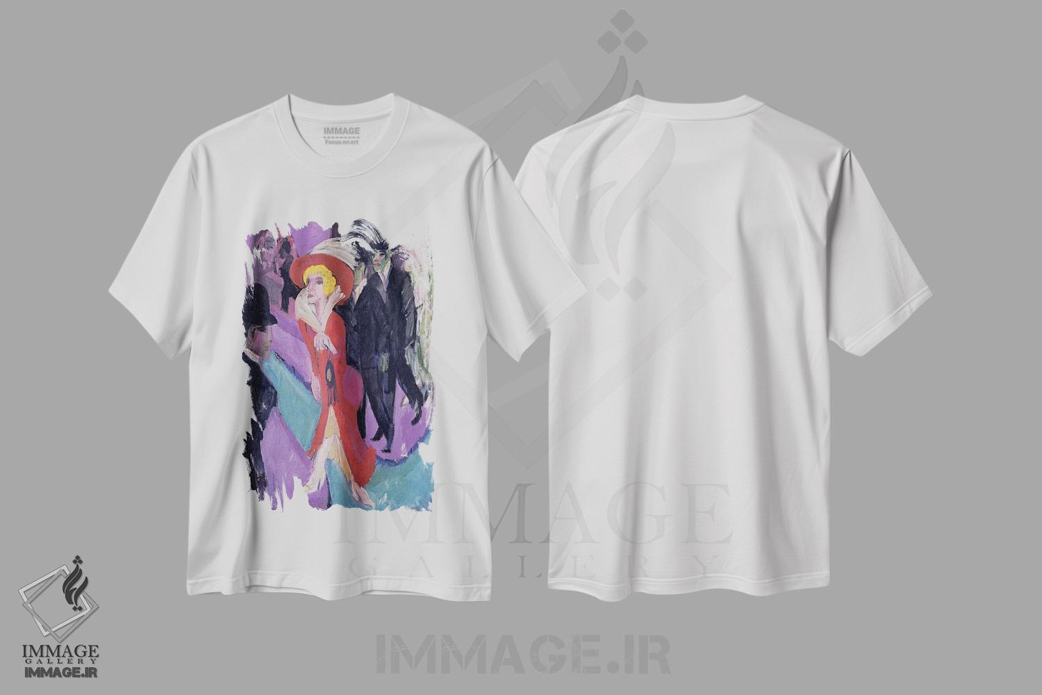 تیشرت طرح دار زن خیابانی با لباس قرمز، هنر فاخر کلاسیک اثر ارنست لودویگ کیرشنر | immage.ir