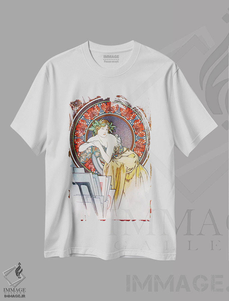 تیشرت طرح دار دختر با سه پایه نقاشی، ۱۸۹۸، آرت نوو اثر آلفونس موخا | immage.ir