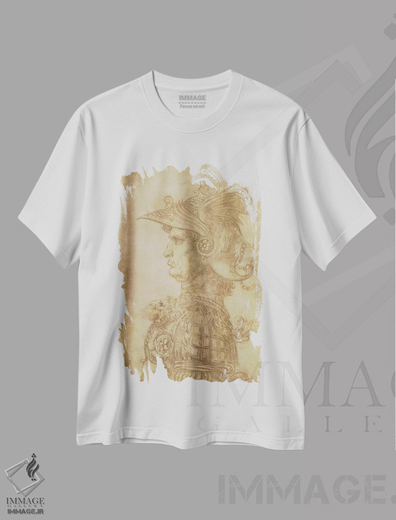 تیشرت طرح دار نیم رخ جنگجویی با کلاه خود، دست نقاشی و طراحی دستی اثر لئوناردو داوینچی | immage.ir