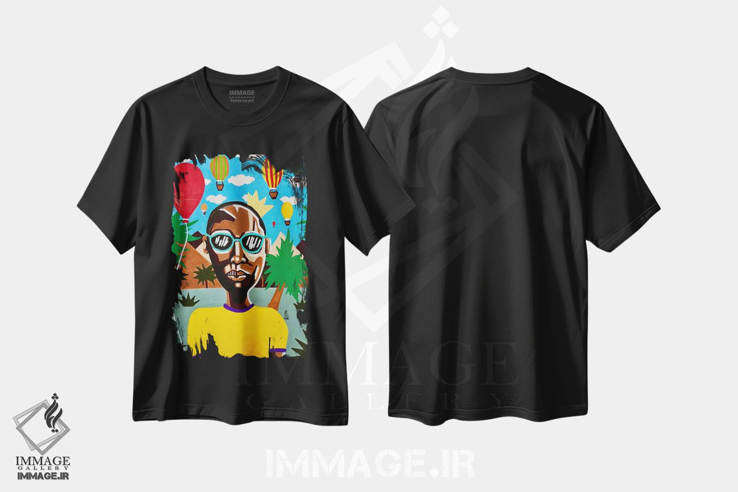 تیشرت طرح دار آفتاب و درختان نخل، هنر آمریکایی آفریقایی تبار اثر آرون آلن | فروشگاه ایماژ