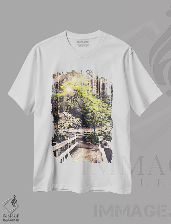 تیشرت طرح دار نور خورشید روی مسیر جنگلی، مدیوم اثر اندی اموس | فروشگاه ایماژ