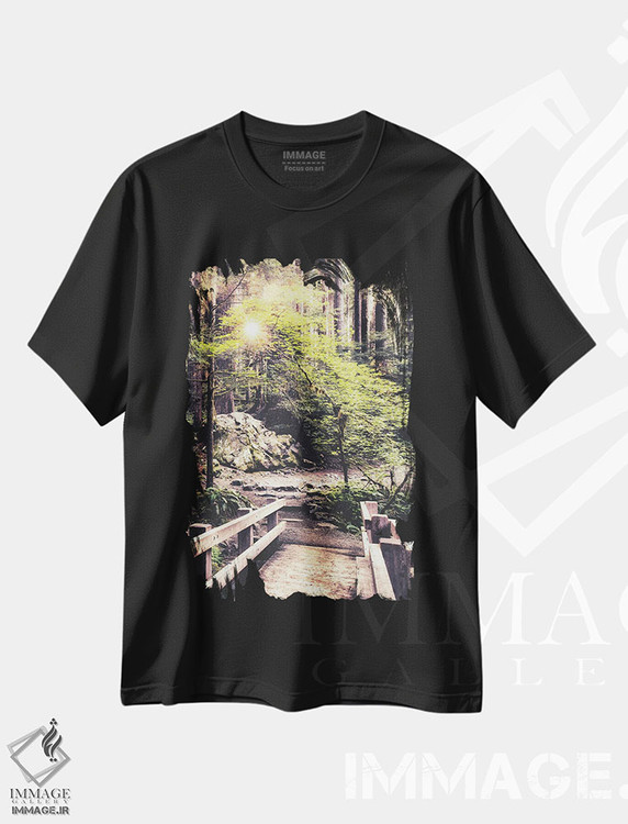 تیشرت طرح دار نور خورشید روی مسیر جنگلی، مدیوم اثر اندی اموس | immage.ir