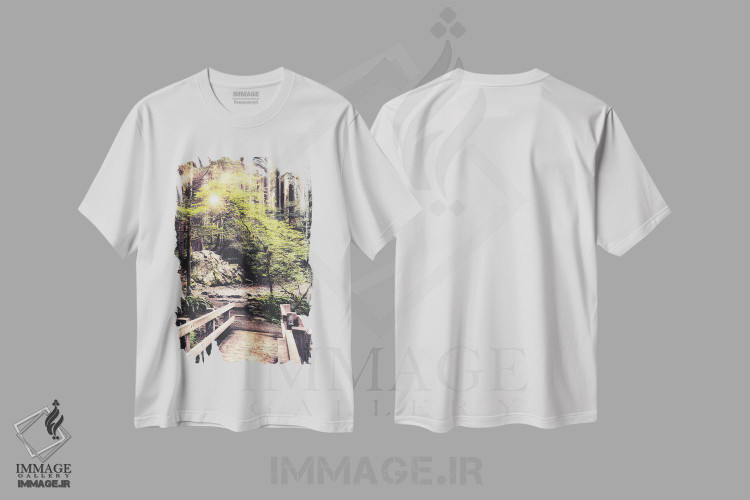 تیشرت طرح دار نور خورشید روی مسیر جنگلی، مدیوم اثر اندی اموس | فروشگاه ایماژ