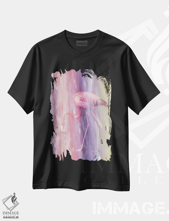 تیشرت طرح دار فلامینگو در باران رنگی I، تزئینی اثر هنر آنیتا و بلا | فروشگاه ایماژ