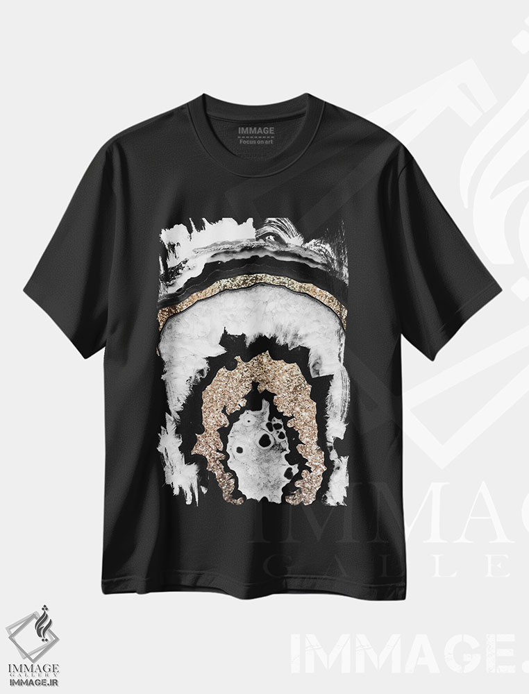 تیشرت طرح دار عقیق خاکستری، سیاه و سفید با درخشش طلایی IB، آبستره اثر هنر آنیتا و بلا | فروشگاه ایماژ