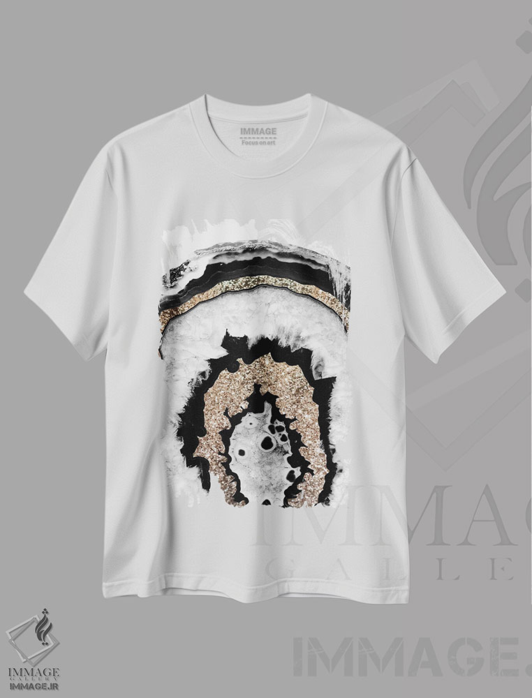 تیشرت طرح دار عقیق خاکستری، سیاه و سفید با درخشش طلایی IB، آبستره اثر هنر آنیتا و بلا | immage.ir