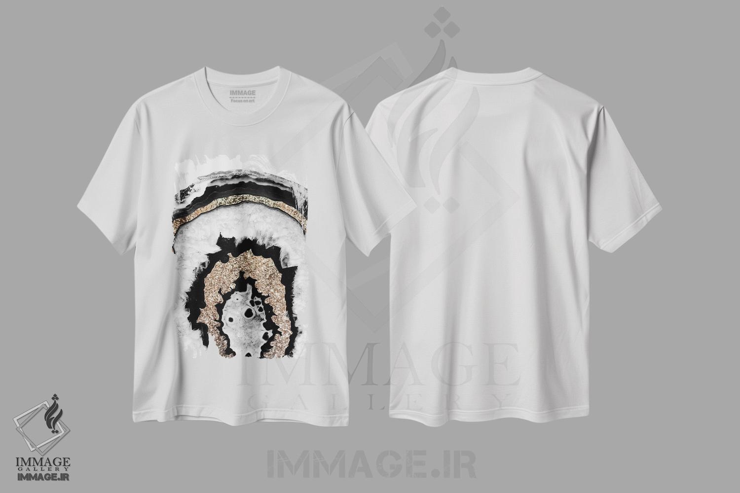 تیشرت طرح دار عقیق خاکستری، سیاه و سفید با درخشش طلایی IB، آبستره اثر هنر آنیتا و بلا | immage.ir