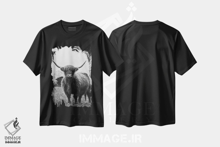 تیشرت طرح دار گاو کوهستانی سیاه و سفید III، عکاسی سیاه و سفید اثر هنر آنیتا و بلا | immage.ir