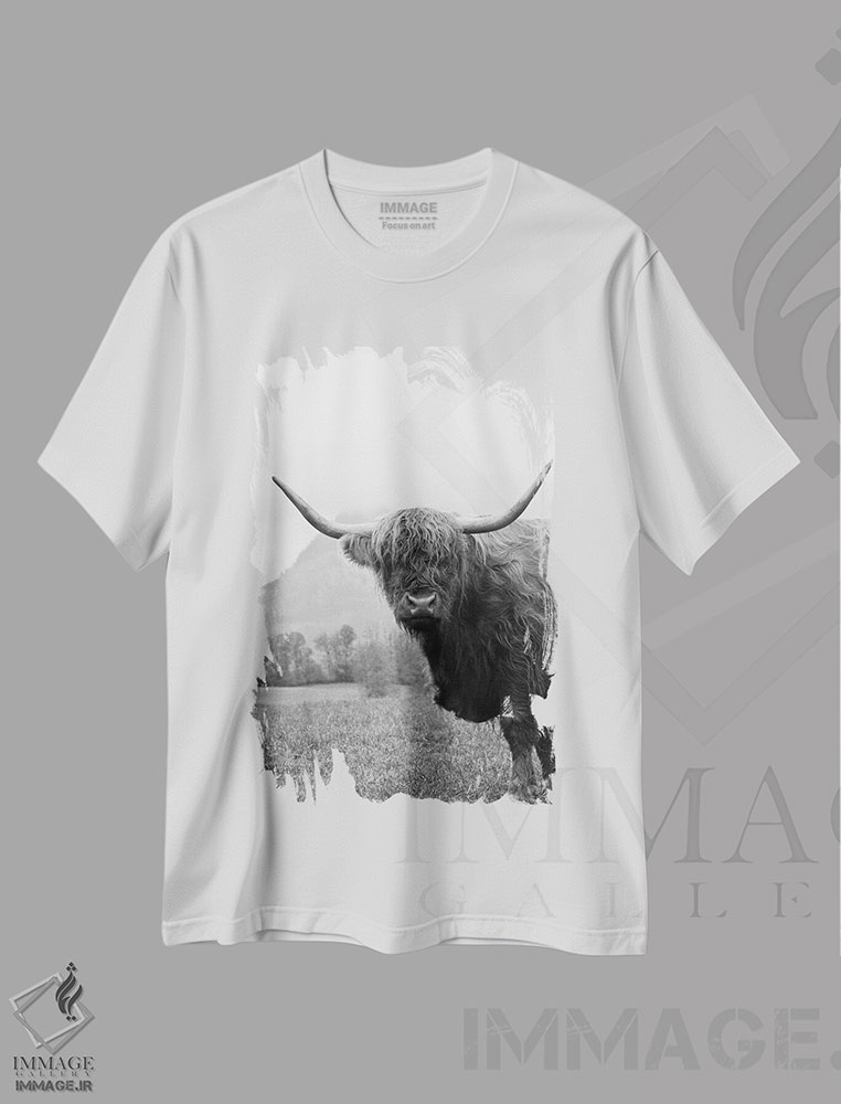 تیشرت طرح دار گاو کوهستانی سیاه و سفید II، عکاسی سیاه و سفید اثر هنر آنیتا و بلا | immage.ir