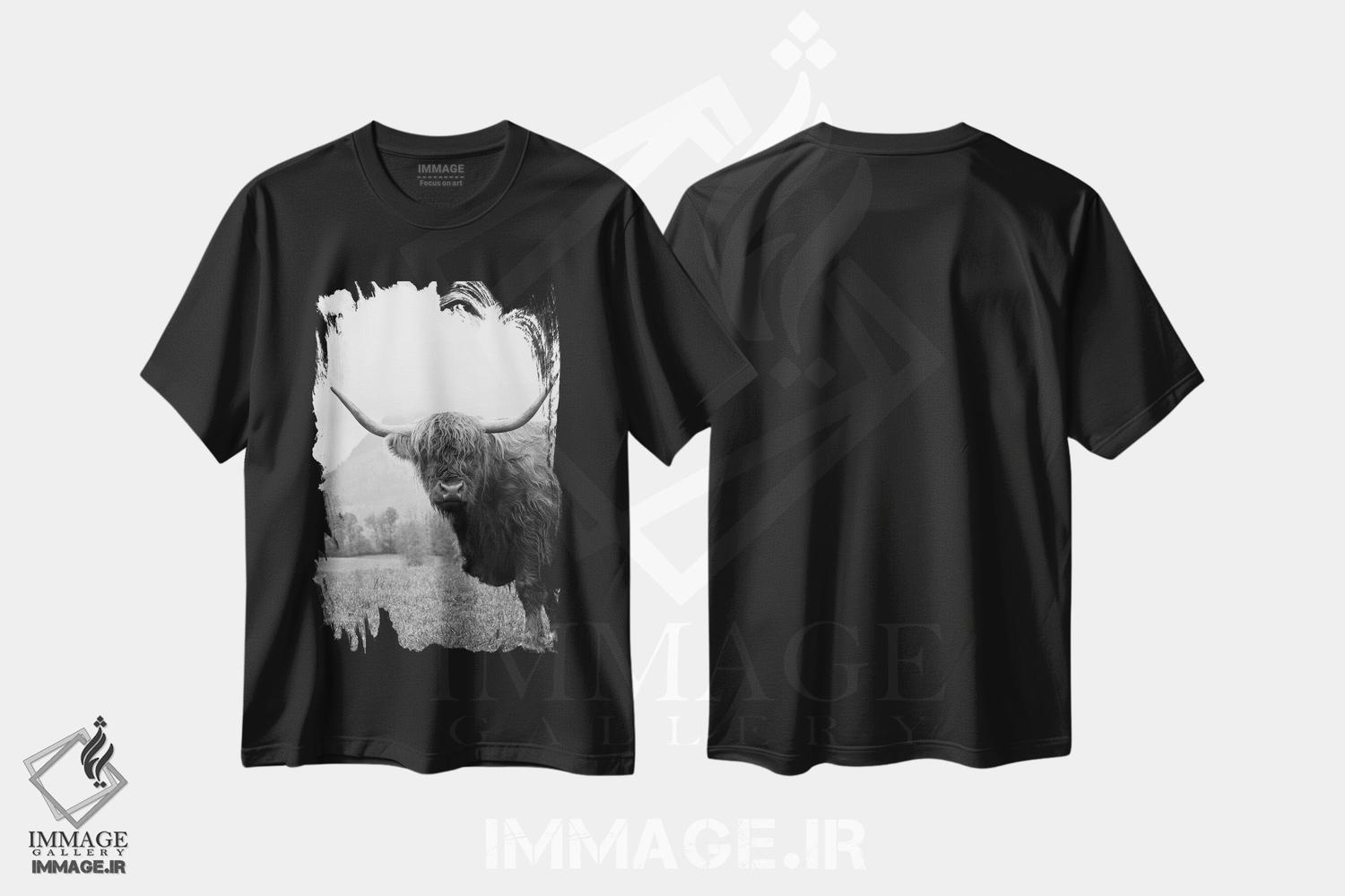 تیشرت طرح دار گاو کوهستانی سیاه و سفید II، عکاسی سیاه و سفید اثر هنر آنیتا و بلا | فروشگاه ایماژ