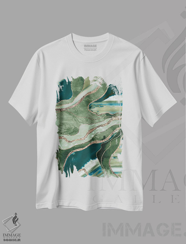 تیشرت طرح دار عقیق مرمر سبز زیتونی با درخشش طلایی پرزرق وبرق I، آبستره اثر هنر آنیتا و بلا | فروشگاه ایماژ