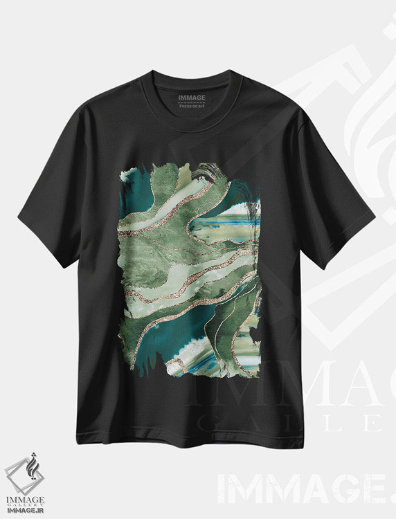 تیشرت طرح دار عقیق مرمر سبز زیتونی با درخشش طلایی پرزرق وبرق I، آبستره اثر هنر آنیتا و بلا | immage.ir