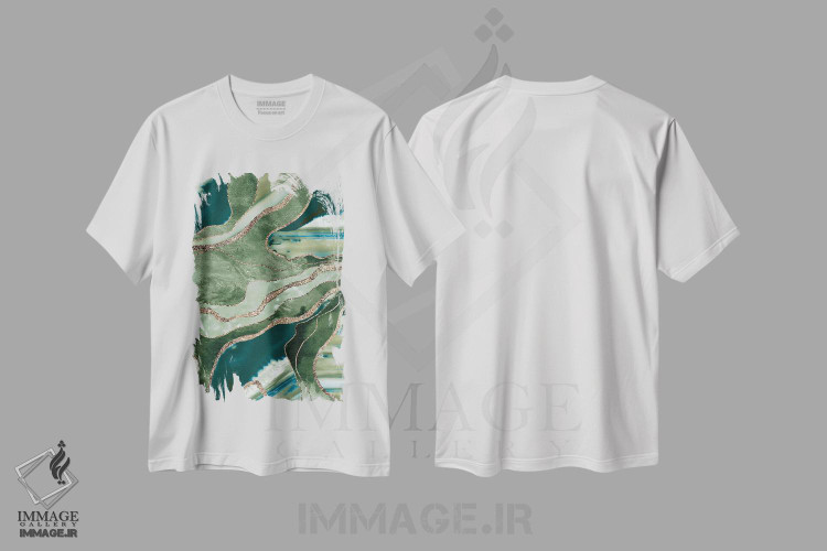 تیشرت طرح دار عقیق مرمر سبز زیتونی با درخشش طلایی پرزرق وبرق I، آبستره اثر هنر آنیتا و بلا | فروشگاه ایماژ