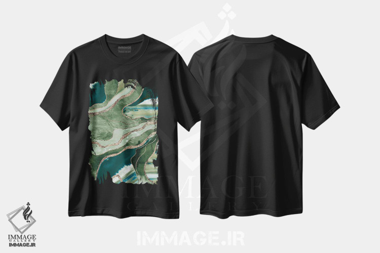 تیشرت طرح دار عقیق مرمر سبز زیتونی با درخشش طلایی پرزرق وبرق I، آبستره اثر هنر آنیتا و بلا | immage.ir