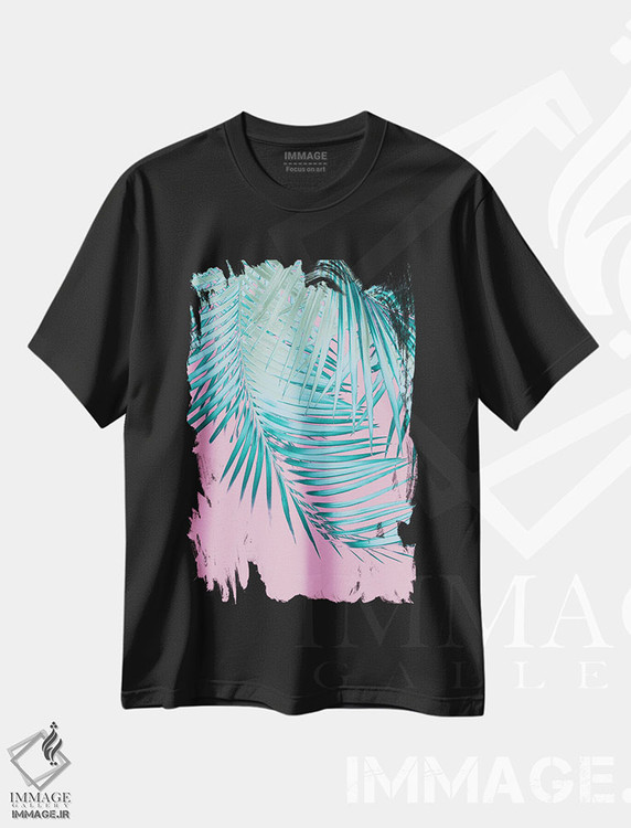 تیشرت طرح دار برگ نخل با حس صورتی و آبی I، تزئینی اثر هنر آنیتا و بلا | فروشگاه ایماژ