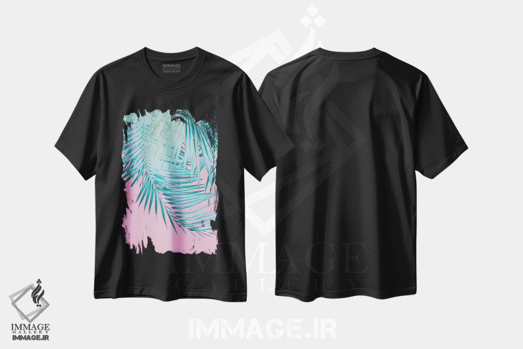تیشرت طرح دار برگ نخل با حس صورتی و آبی I، تزئینی اثر هنر آنیتا و بلا | فروشگاه ایماژ