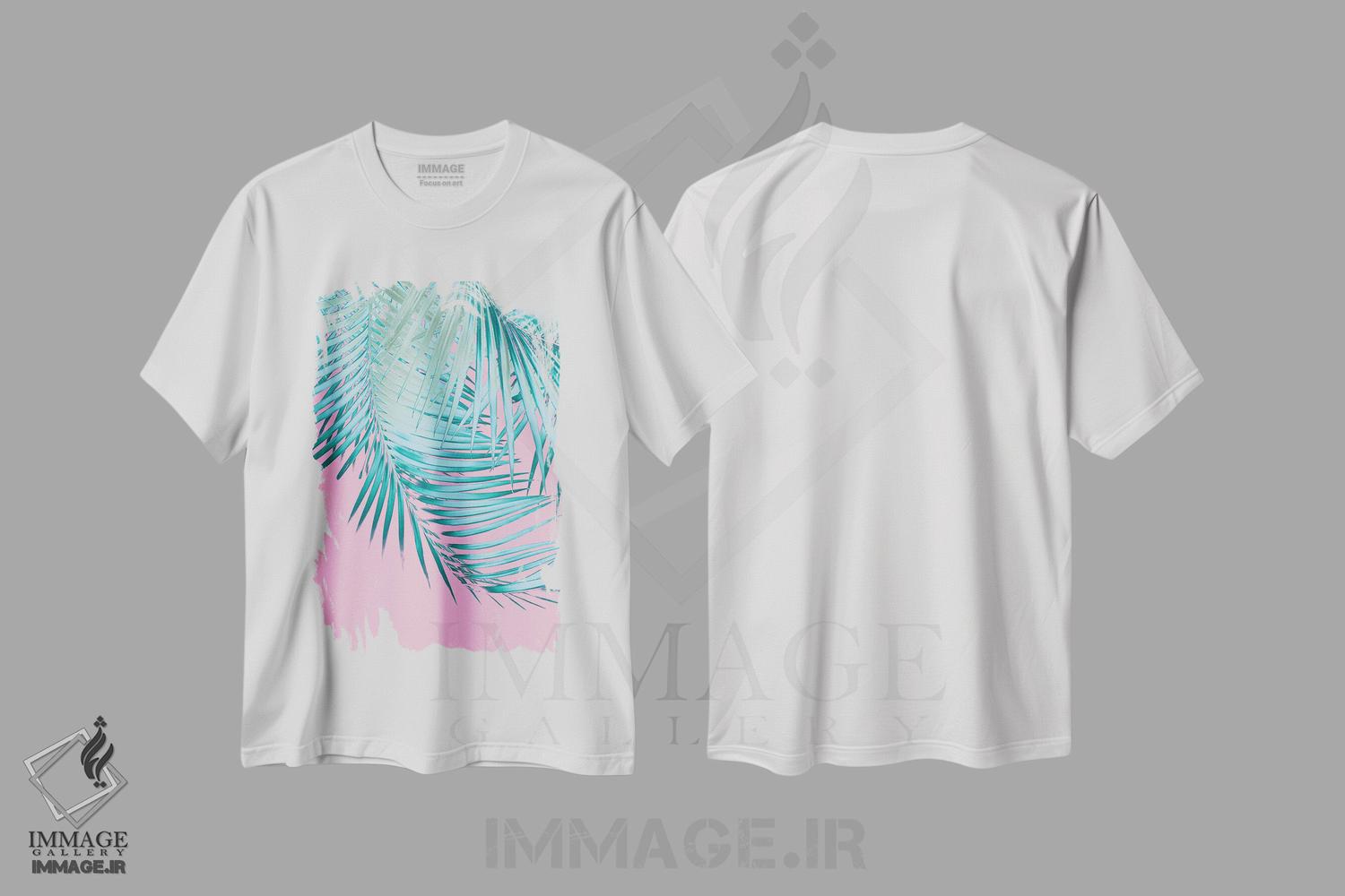 تیشرت طرح دار برگ نخل با حس صورتی و آبی I، تزئینی اثر هنر آنیتا و بلا | immage.ir