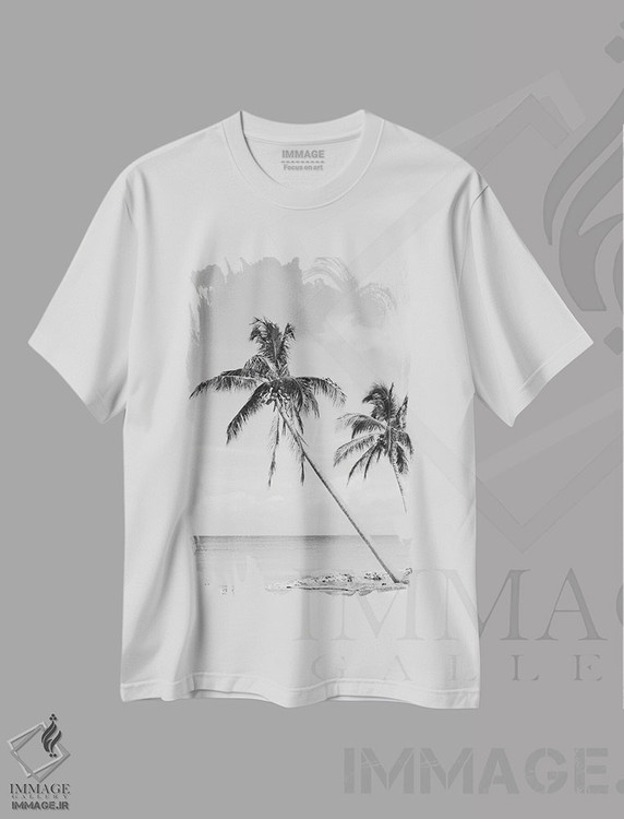 تیشرت طرح دار واحهٔ ساحلی با نخل II، عکاسی سیاه و سفید اثر هنر آنیتا و بلا | فروشگاه ایماژ