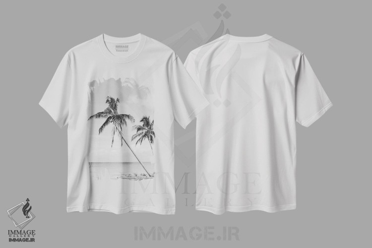 تیشرت طرح دار واحهٔ ساحلی با نخل II، عکاسی سیاه و سفید اثر هنر آنیتا و بلا | فروشگاه ایماژ