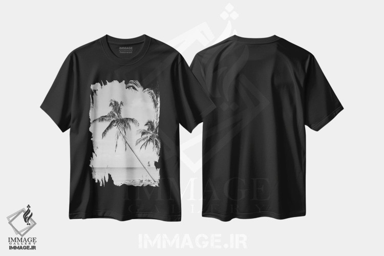 تیشرت طرح دار واحهٔ ساحلی با نخل II، عکاسی سیاه و سفید اثر هنر آنیتا و بلا | immage.ir