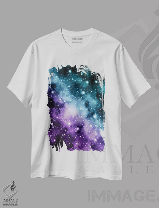 تیشرت طرح دار رویای سحابی کهکشانی بنفش و سبزآبی III، آبستره اثر هنر آنیتا و بلا | فروشگاه ایماژ
