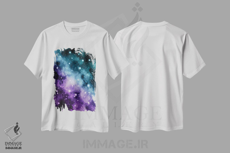 تیشرت طرح دار رویای سحابی کهکشانی بنفش و سبزآبی III، آبستره اثر هنر آنیتا و بلا | فروشگاه ایماژ