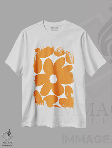 تیشرت طرح دار گل های مرواریدی رترو در نارنجی I، هنر فاخر معاصر اثر هنر آنیتا و بلا | فروشگاه ایماژ