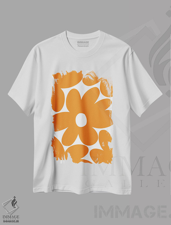 تیشرت طرح دار گل های مرواریدی رترو در نارنجی I، هنر فاخر معاصر اثر هنر آنیتا و بلا | فروشگاه ایماژ