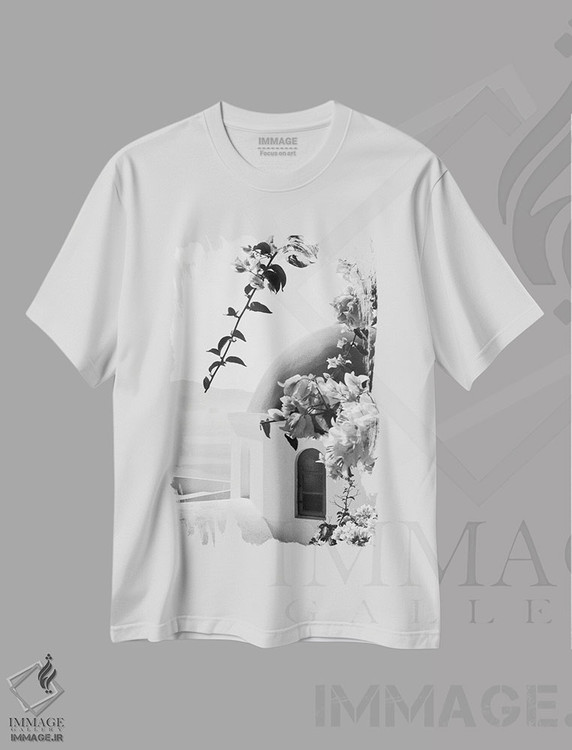 تیشرت طرح دار اویای سانتورینی سیاه و سفید III، عکاسی سیاه و سفید اثر هنر آنیتا و بلا | فروشگاه ایماژ